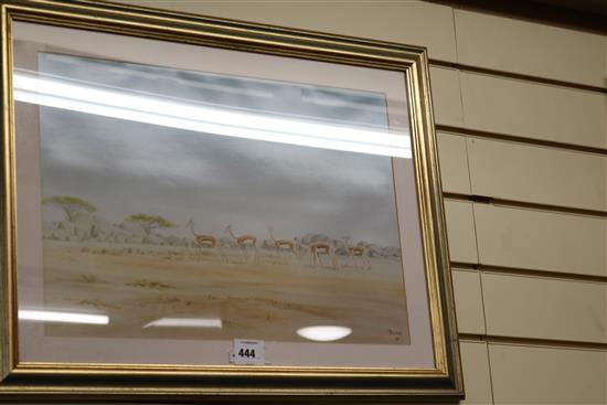 Two watercolours; town scene and gazelles